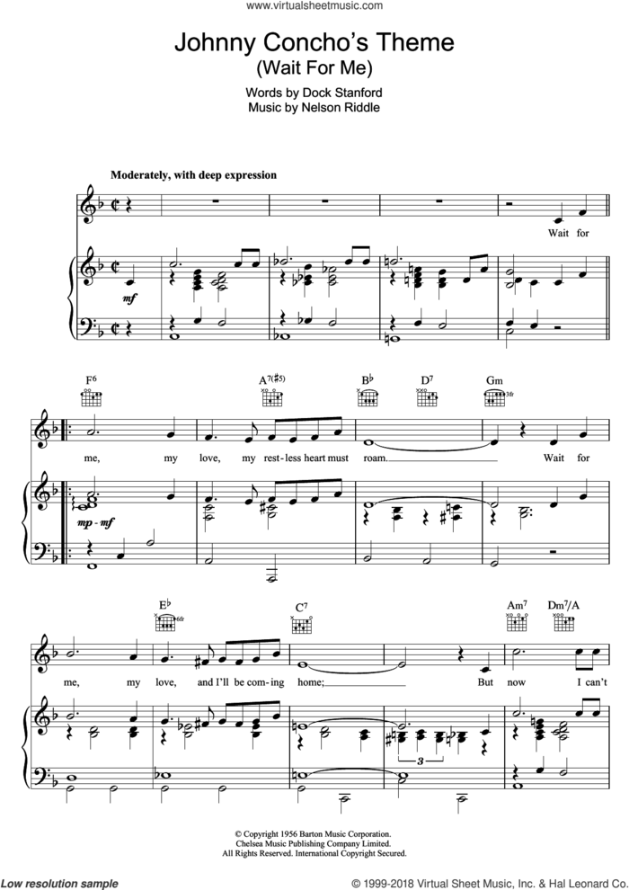 Wait For Me (Johnny Concho's Theme) sheet music for voice, piano or guitar by Frank Sinatra, Nelson Riddle and Dock Stanford, intermediate skill level