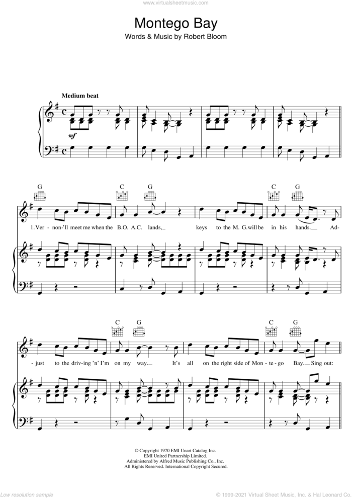 Montego Bay sheet music for voice, piano or guitar by Bobby Bloom and Robert Bloom, intermediate skill level