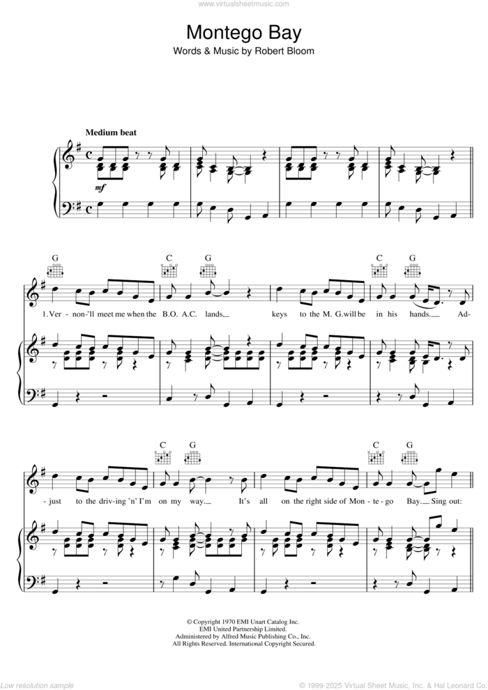 Montego Bay sheet music for voice, piano or guitar by Bobby Bloom and Robert Bloom, intermediate skill level