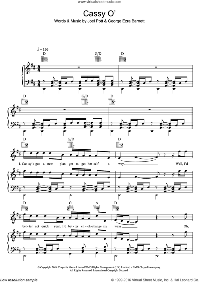 Cassy O' sheet music for voice, piano or guitar by George Ezra, George Ezra Barnett and Joel Pott, intermediate skill level