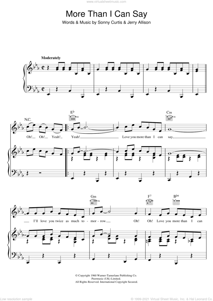 More Than I Can Say sheet music for voice, piano or guitar by Leo Sayer, Jerry Allison and Sonny Curtis, intermediate skill level