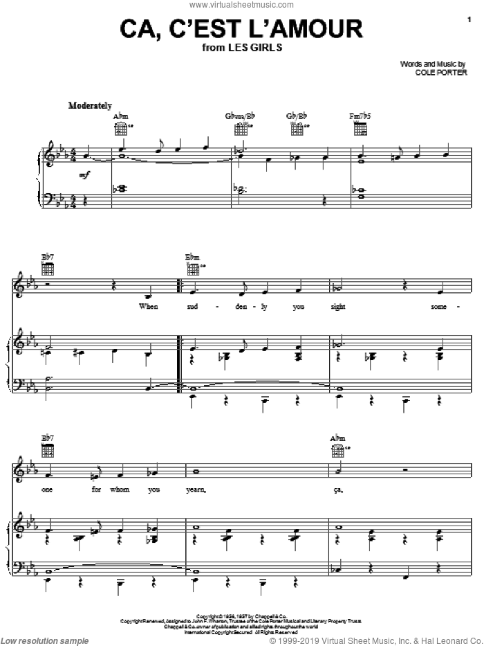 Ca, C'est L'amour sheet music for voice, piano or guitar by Cole Porter and Tony Bennett, wedding score, intermediate skill level