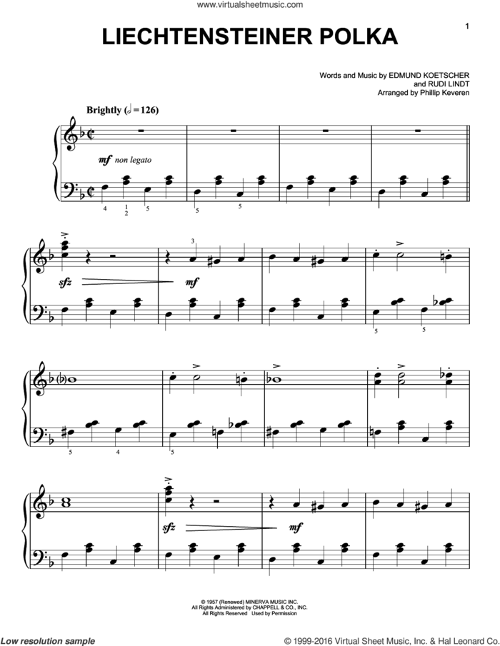 Liechtensteiner Polka [Classical version] (arr. Phillip Keveren) sheet music for piano solo by Edmund Koetscher, Phillip Keveren, Miscellaneous and Rudi Lindt, easy skill level