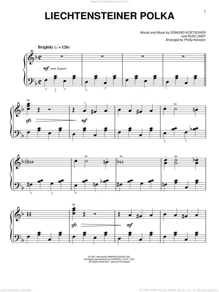 Liechtensteiner Polka [Classical version] (arr. Phillip Keveren) sheet music for piano solo by Edmund Koetscher, Phillip Keveren, Miscellaneous and Rudi Lindt, easy skill level