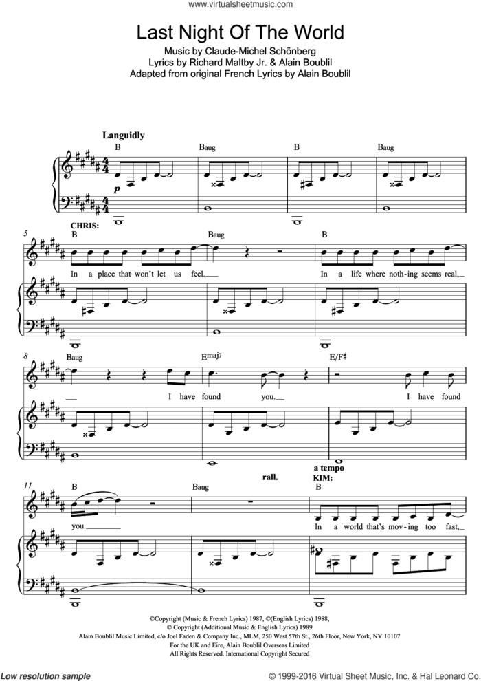 The Last Night Of The World (from Miss Saigon) sheet music for voice and piano by Boublil and Schonberg, Claude-Michel Schonberg, Alain Boublil and Richard Maltby, Jr., intermediate skill level