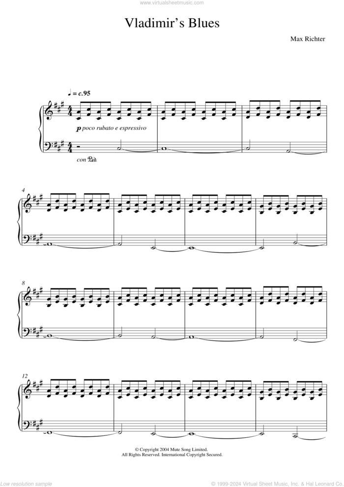 Vladimir's Blues sheet music for piano solo by Max Richter, classical score, intermediate skill level