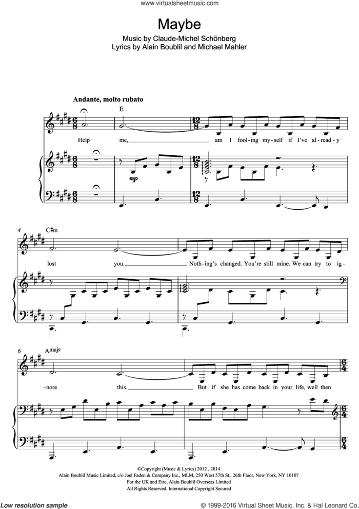 Maybe (from Miss Saigon) sheet music for voice and piano by Boublil and Schonberg, Claude-Michel SchAAonberg, Claude-Michel Schonberg, Alain Boublil and Michael Mahler, intermediate skill level