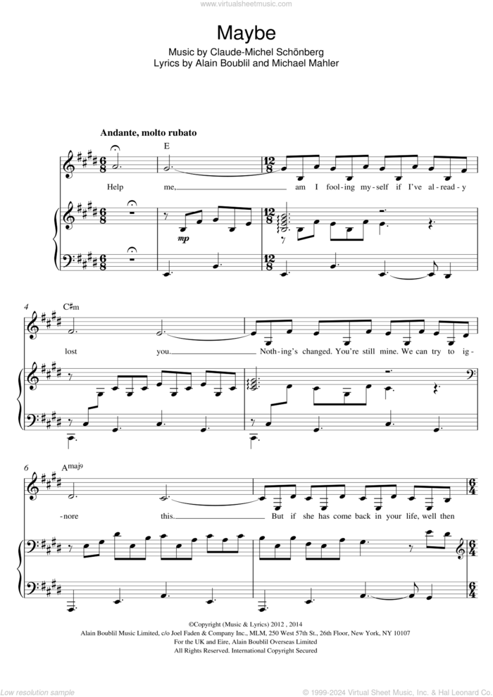 Maybe (from Miss Saigon) sheet music for voice and piano by Boublil and Schonberg, Claude-Michel SchAAonberg, Claude-Michel Schonberg, Alain Boublil and Michael Mahler, intermediate skill level