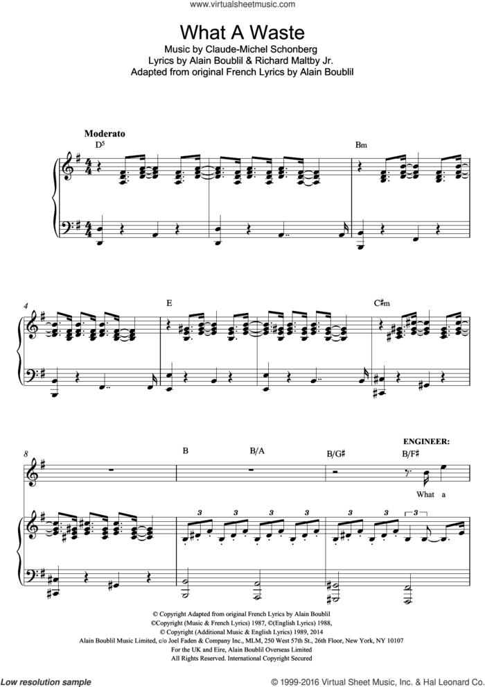 What A Waste (from Miss Saigon) sheet music for voice and piano by Boublil and Schonberg, Claude-Michel Schonberg, Alain Boublil and Richard Maltby, Jr., intermediate skill level