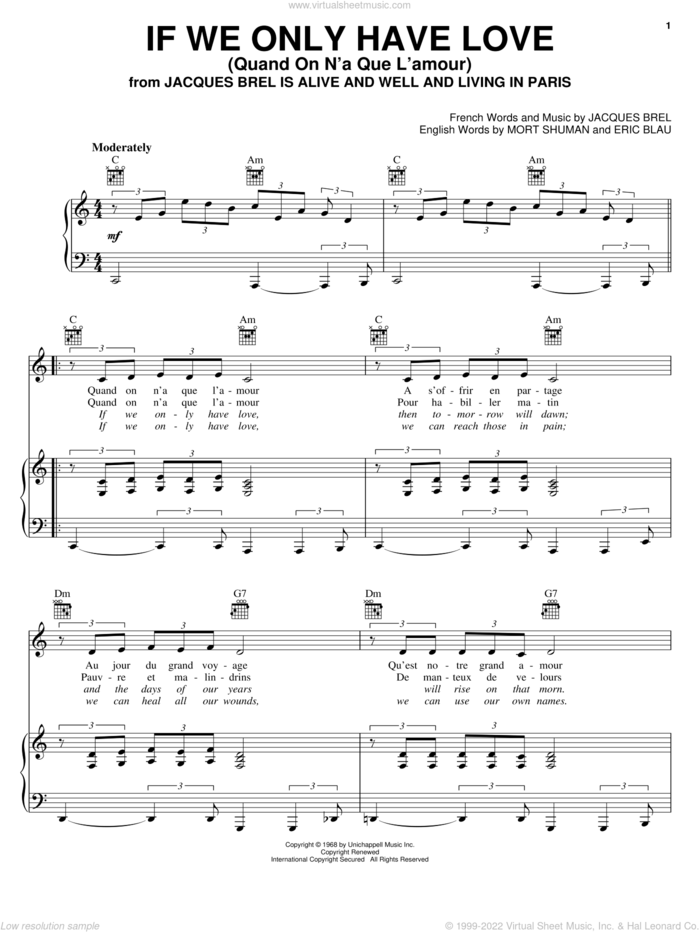 If We Only Have Love (Quand On N'a Que L'amour) sheet music for voice, piano or guitar by Jacques Brel, Eric Blau and Mort Shuman, wedding score, intermediate skill level