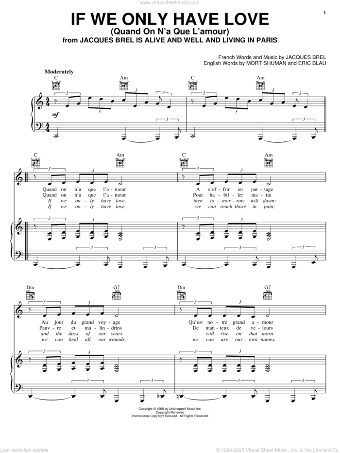 If We Only Have Love (Quand On N'a Que L'amour) sheet music for voice, piano or guitar by Jacques Brel, Eric Blau and Mort Shuman, wedding score, intermediate skill level