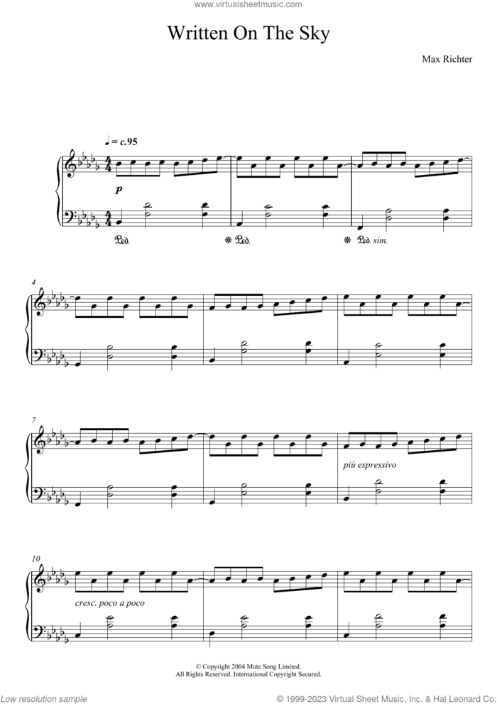 Written On The Sky, (intermediate) sheet music for piano solo by Max Richter, classical score, intermediate skill level