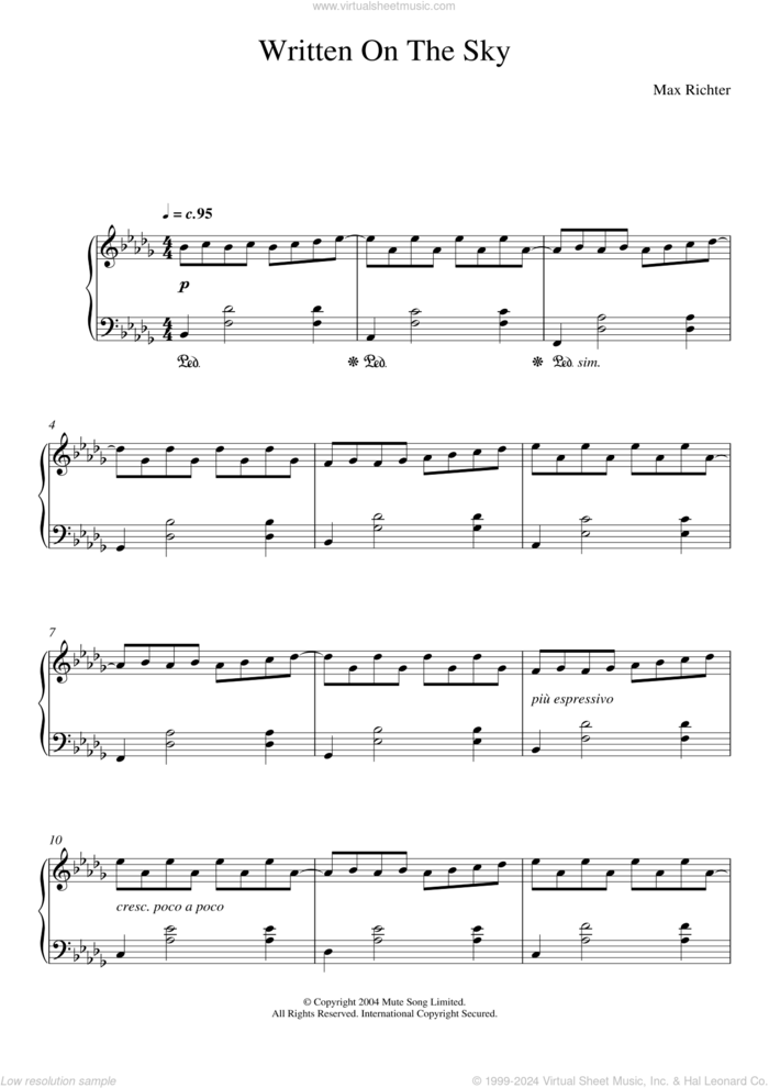 Written On The Sky, (intermediate) sheet music for piano solo by Max Richter, classical score, intermediate skill level