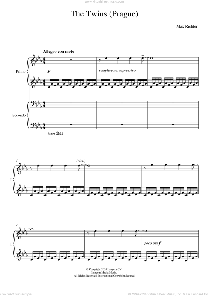 The Twins sheet music for piano four hands by Max Richter, classical score, intermediate skill level