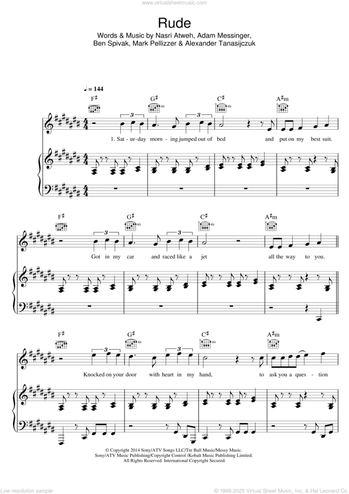 Rude sheet music for voice, piano or guitar by MAGIC!, Adam Messinger, Alexander Tanasijczuk, Ben Spivak, Mark Pellizzer and Nasri Atweh, intermediate skill level