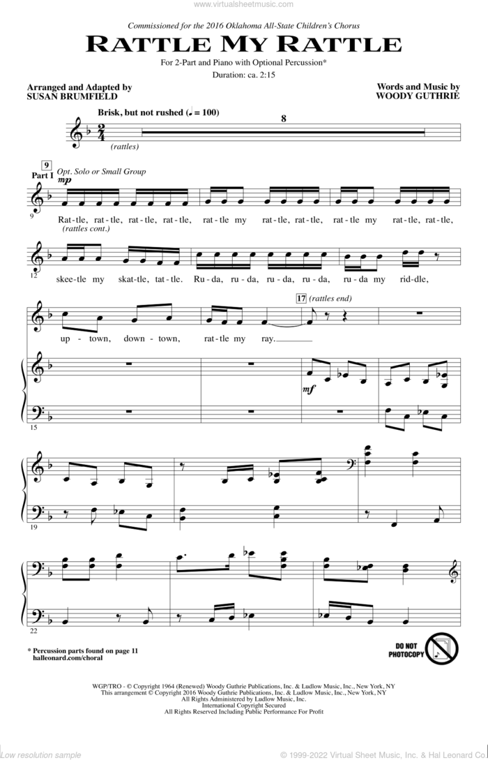 Rattle My Rattle (arr. Susan Brumfield) sheet music for choir (2-Part) by Woody Guthrie and Susan Brumfield, intermediate duet