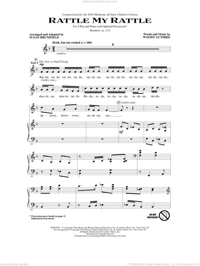 Rattle My Rattle (arr. Susan Brumfield) sheet music for choir (2-Part) by Woody Guthrie and Susan Brumfield, intermediate duet