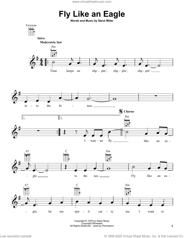 Fly Like An Eagle sheet music for ukulele by Steve Miller Band, Manuel Seal and Steve Miller, intermediate skill level