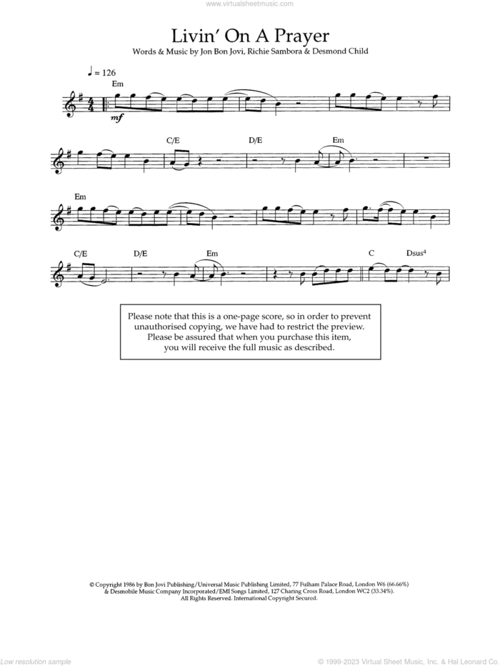 Livin' On A Prayer sheet music for voice and other instruments (fake book) by Bon Jovi, Desmond Child and Richie Sambora, intermediate skill level