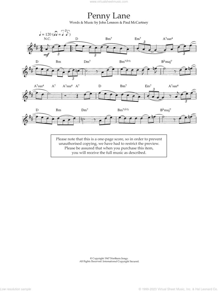 Penny Lane sheet music for voice and other instruments (fake book) by The Beatles, John Lennon and Paul McCartney, intermediate skill level