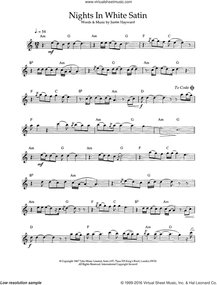 Nights In White Satin sheet music for voice and other instruments (fake book) by The Moody Blues and Justin Hayward, intermediate skill level