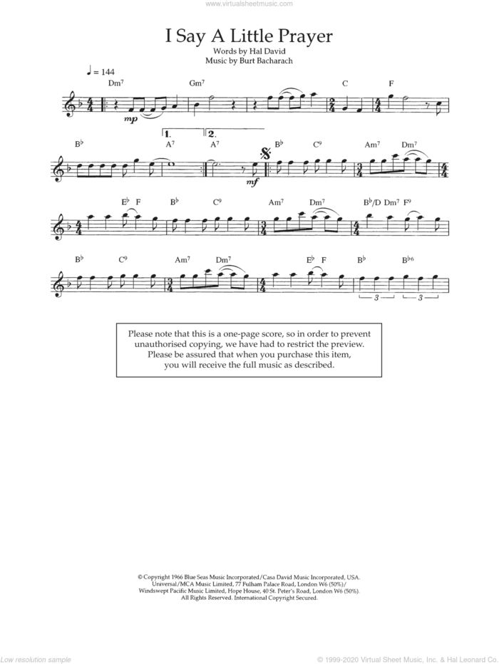 I Say A Little Prayer sheet music for flute solo by Aretha Franklin, Burt Bacharach and Hal David, intermediate skill level