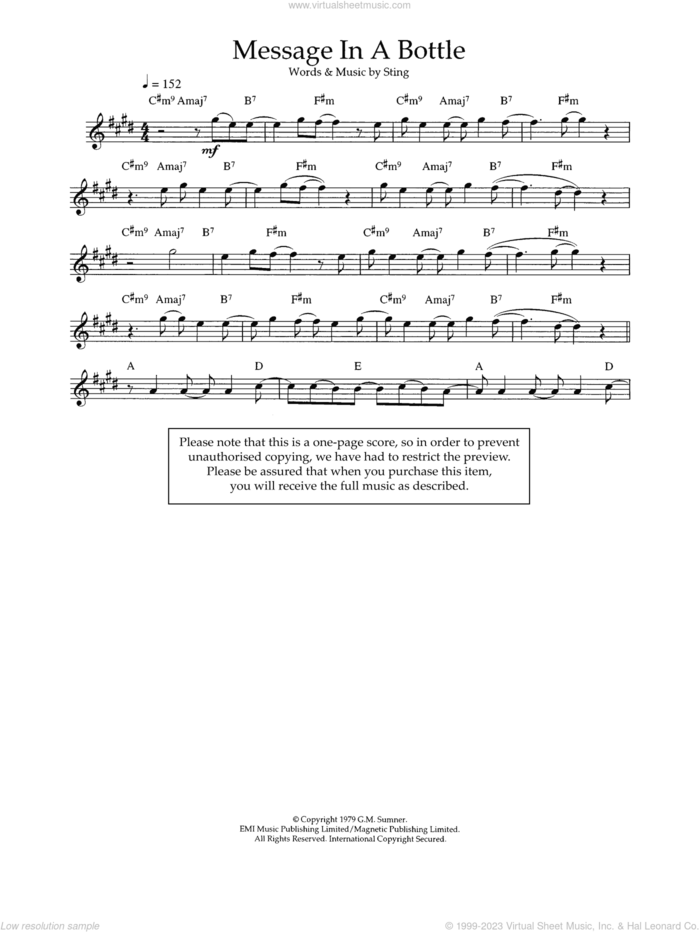 Message In A Bottle sheet music for voice and other instruments (fake book) by The Police and Sting, intermediate skill level