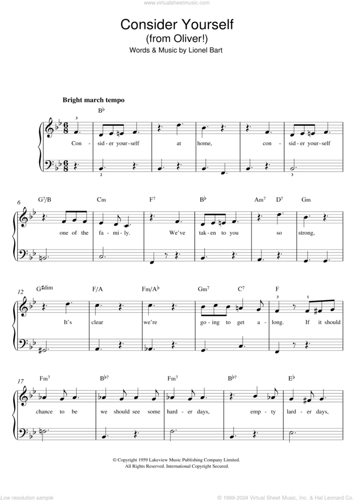 Consider Yourself (from Oliver!), (easy) (from Oliver!) sheet music for piano solo by Lionel Bart, easy skill level