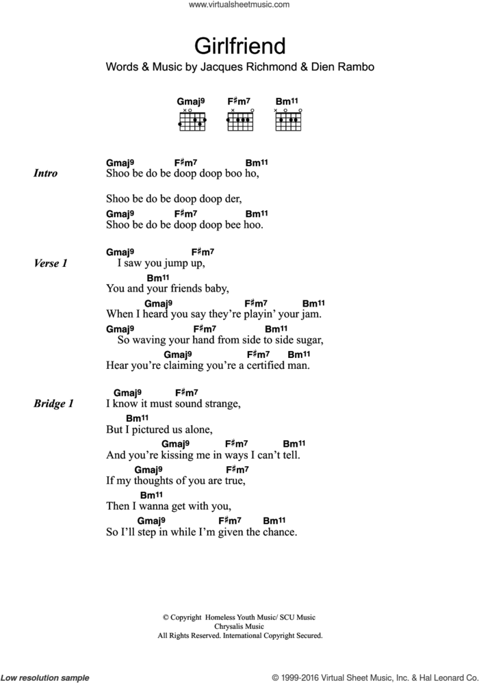 Girlfriend sheet music for guitar (chords) by Billie Piper, Dien Rambo and Jacques Richmond, intermediate skill level