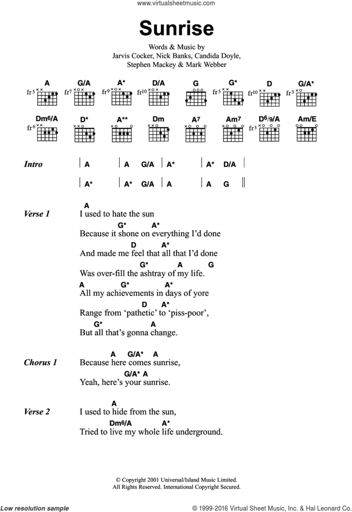 Sunrise sheet music for guitar (chords) by Pulp, Candida Doyle, Jarvis Cocker, Mark Webber, Nick Banks and Stephen Mackey, intermediate skill level