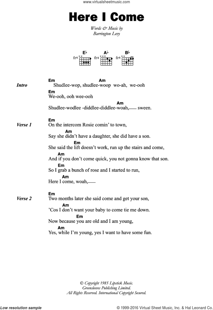 Here I Come sheet music for guitar (chords) by Barrington Levy, intermediate skill level