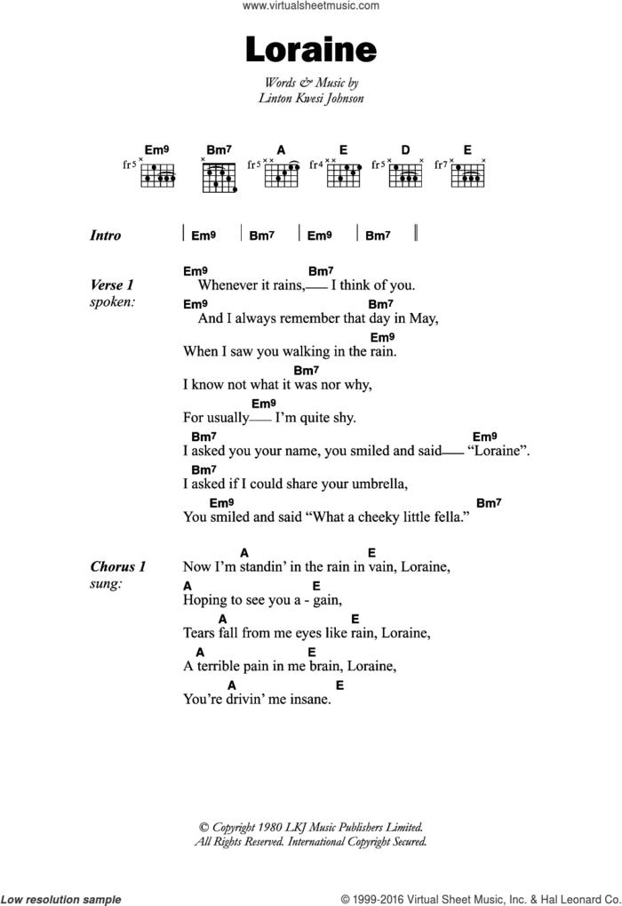 Loraine sheet music for guitar (chords) by Linton Kwesi Johnson, intermediate skill level