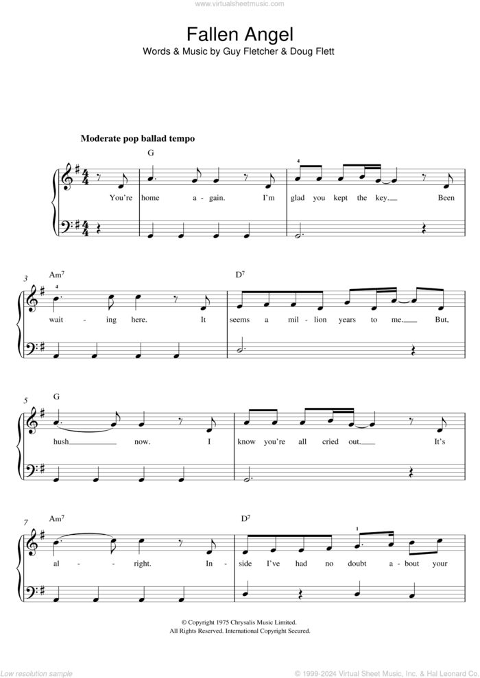 Fallen Angel sheet music for piano solo by Frankie Valli, Doug Flett and Guy Fletcher, easy skill level