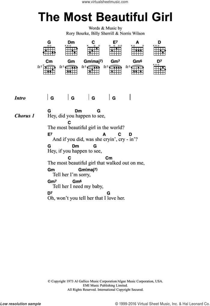 The Most Beautiful Girl sheet music for guitar (chords) by Charlie Rich, Billy Sherrill, Norris Wilson and Rory Bourke, intermediate skill level
