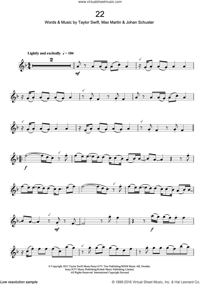 22 sheet music for voice and other instruments (fake book) by Taylor Swift, Max Martin and Shellback, intermediate skill level