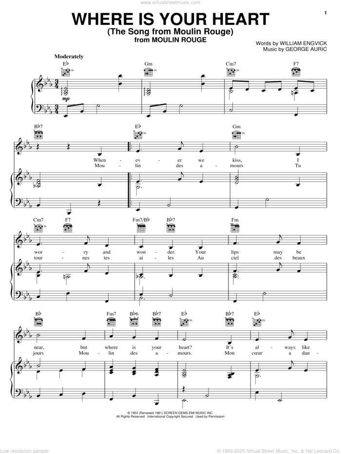 Where Is Your Heart (The Song From Moulin Rouge) sheet music for voice,  piano or guitar