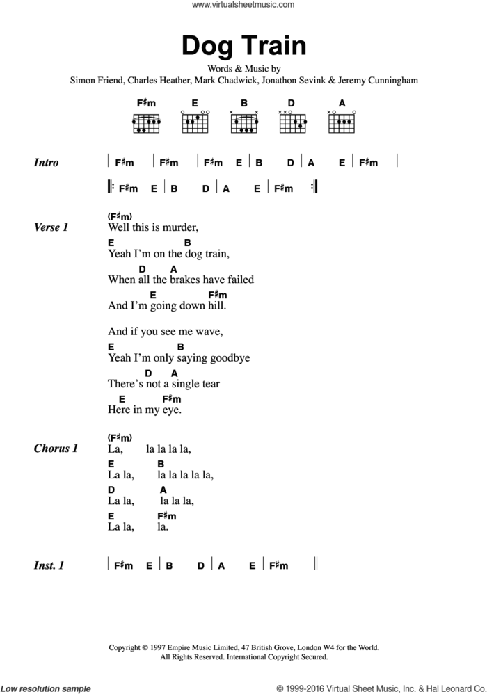 Dog Train sheet music for guitar (chords) by The Levellers, Charles Heather, Jeremy Cunningham, Jonathan Sevink, Mark Chadwick and Simon Friend, intermediate skill level