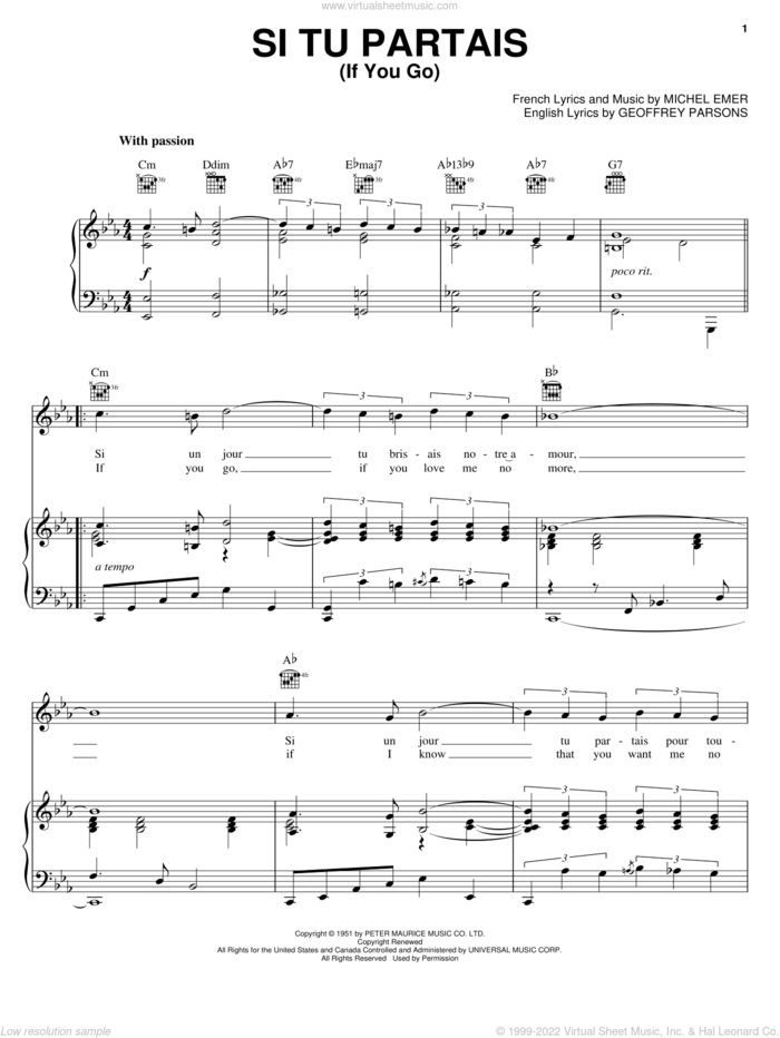 If You Go sheet music for voice, piano or guitar by Michel Emer and Geoffrey Parsons, intermediate skill level