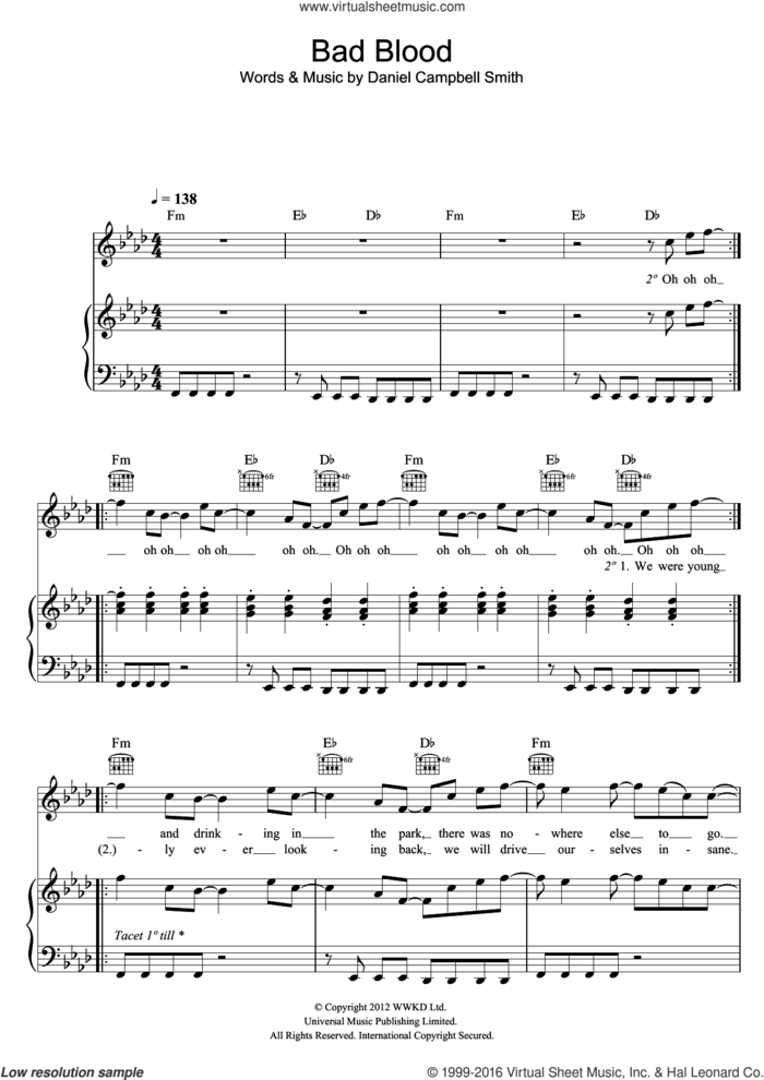 Bad Blood sheet music for voice, piano or guitar by Bastille and Daniel Campbell Smith, intermediate skill level
