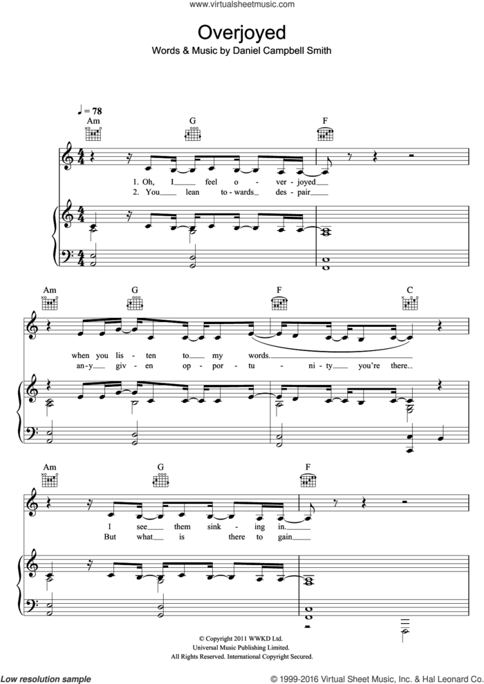 Overjoyed sheet music for voice, piano or guitar by Bastille and Daniel Campbell Smith, intermediate skill level