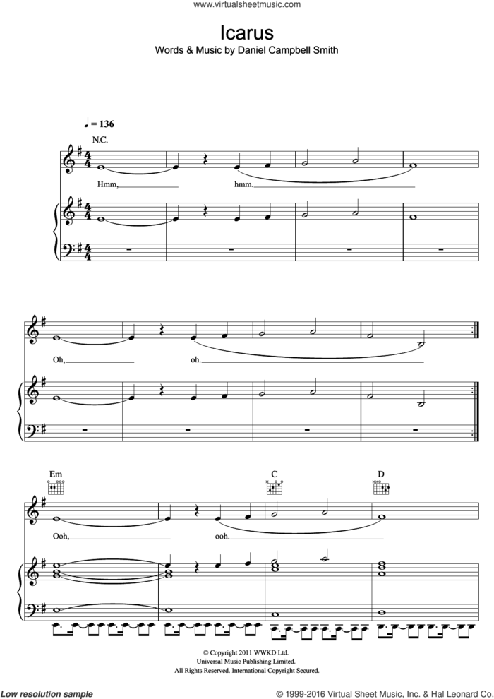 Icarus sheet music for voice, piano or guitar by Bastille and Daniel Campbell Smith, intermediate skill level