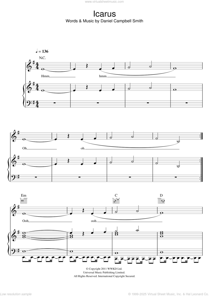 Icarus sheet music for voice, piano or guitar by Bastille and Daniel Campbell Smith, intermediate skill level