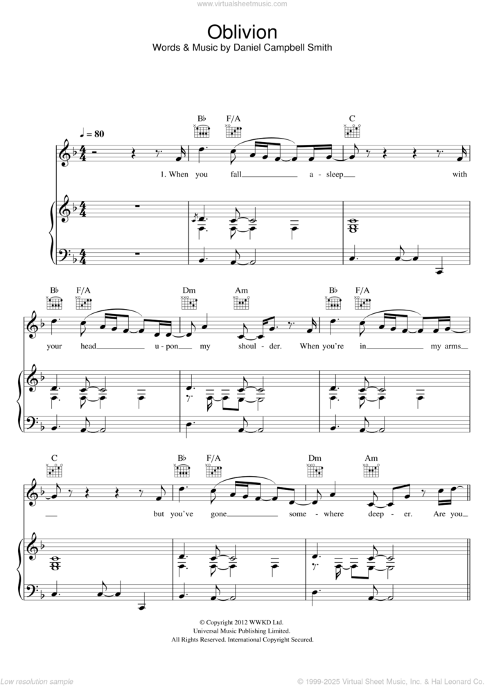 Oblivion sheet music for voice, piano or guitar by Bastille and Daniel Campbell Smith, intermediate skill level