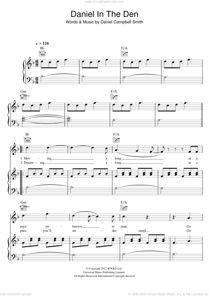 Daniel In The Den sheet music for voice, piano or guitar by Bastille and Daniel Campbell Smith, intermediate skill level