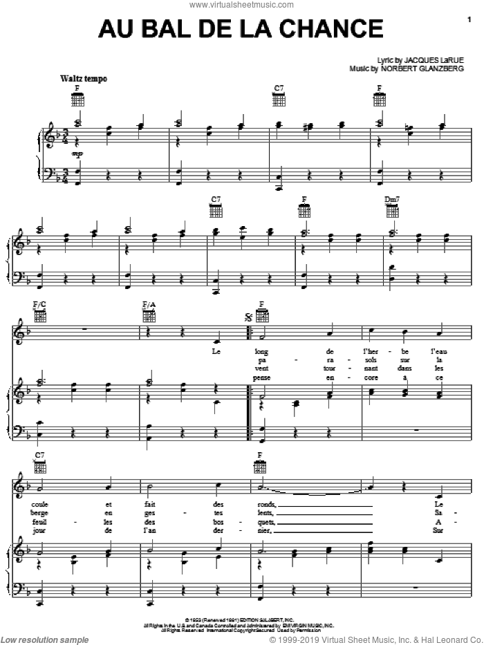 Au Bal De La Chance sheet music for voice, piano or guitar by Edith Piaf, Jacques Larue and Norbert Glanzberg, intermediate skill level