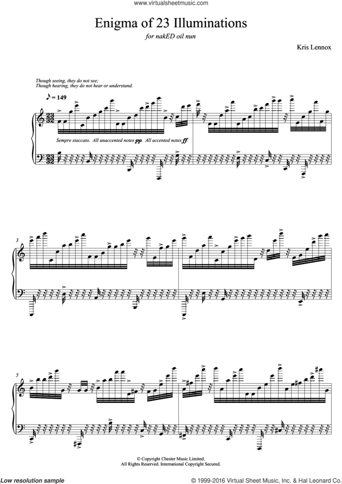 Enigma of 23 Illuminations sheet music for piano solo by Kris Lennox, classical score, intermediate skill level