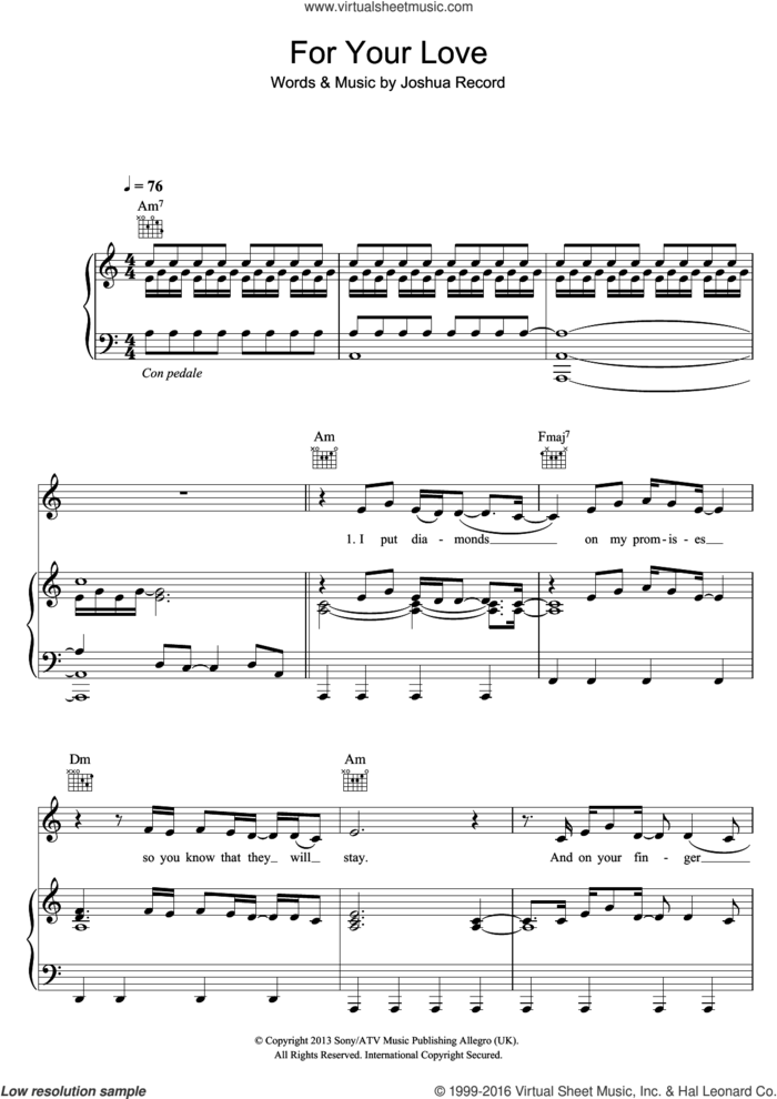 For Your Love sheet music for voice, piano or guitar by Josh Record, intermediate skill level