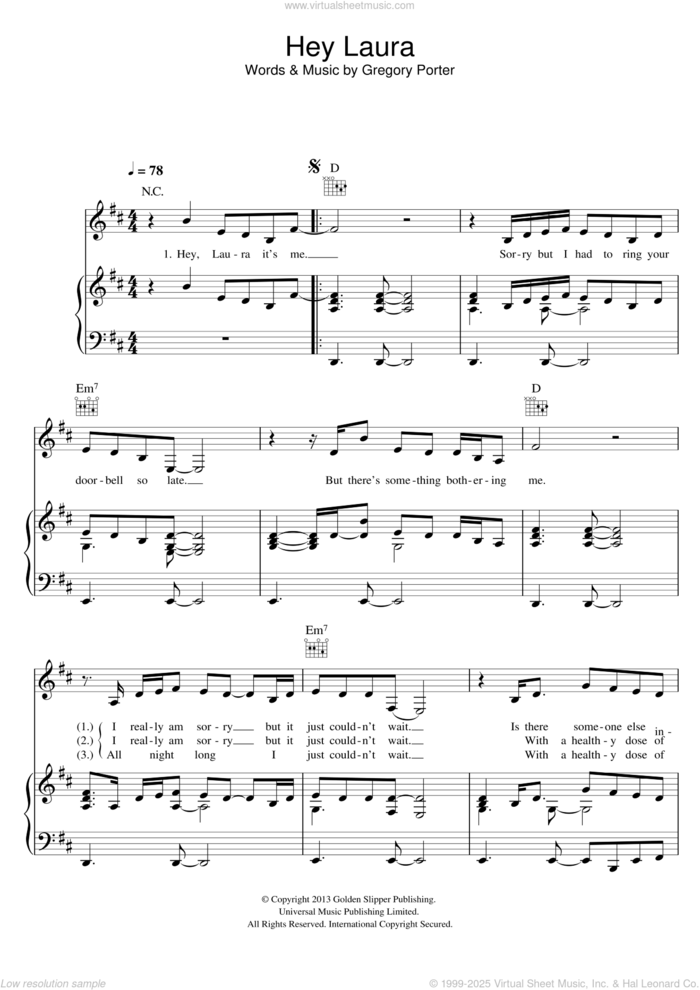 Hey Laura sheet music for voice, piano or guitar by Gregory Porter, intermediate skill level