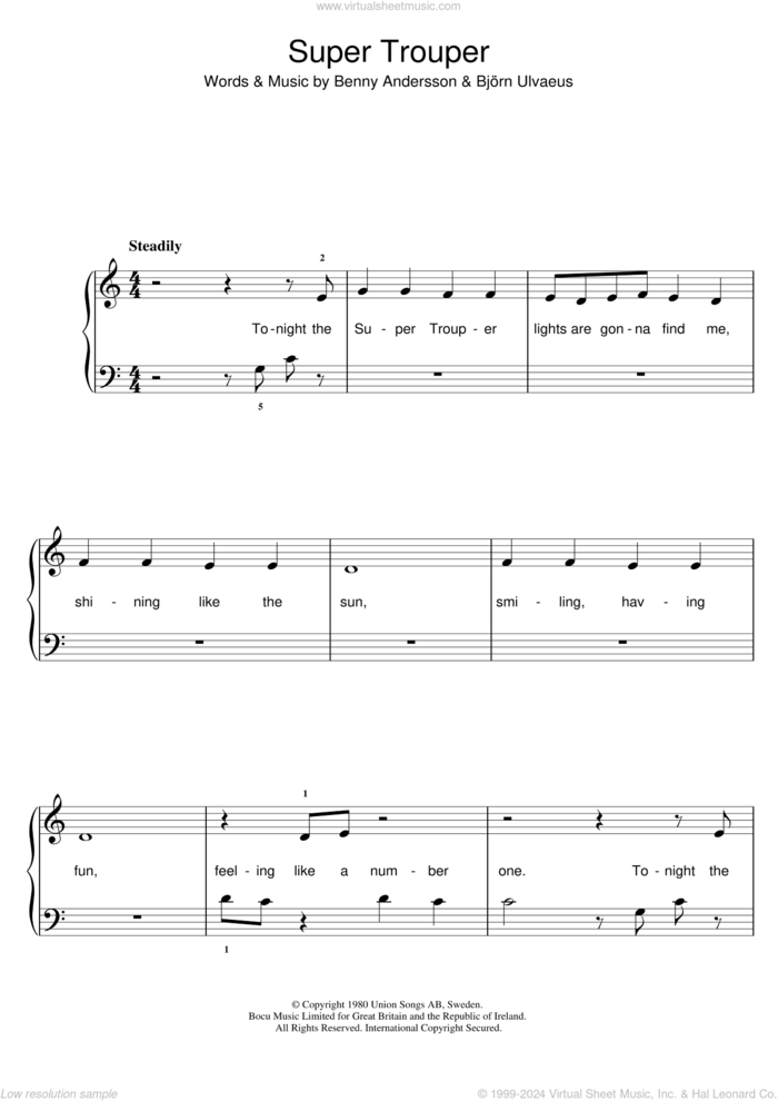 Super Trouper sheet music for piano solo by ABBA, Benny Andersson and Bjorn Ulvaeus, easy skill level