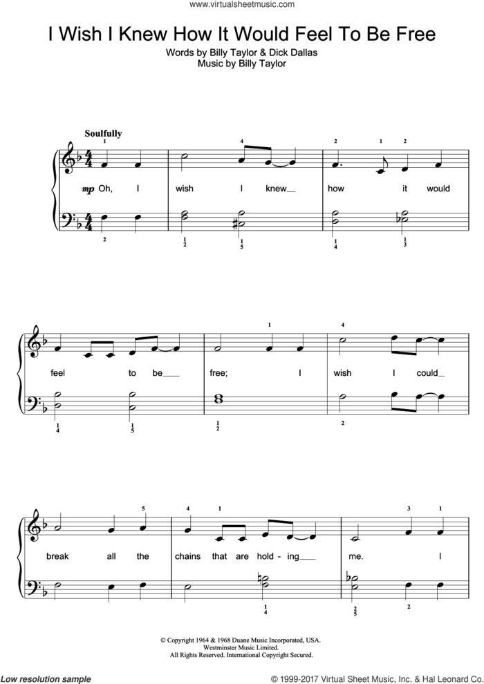 I Wish I Knew How It Would Feel To Be Free, (easy) sheet music for piano solo by Nina Simone, Billy Taylor and Dick Dallas, easy skill level